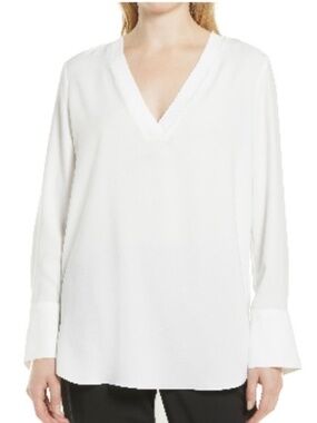 Nordstrom Rib Trim Woven Crepe White Tunic